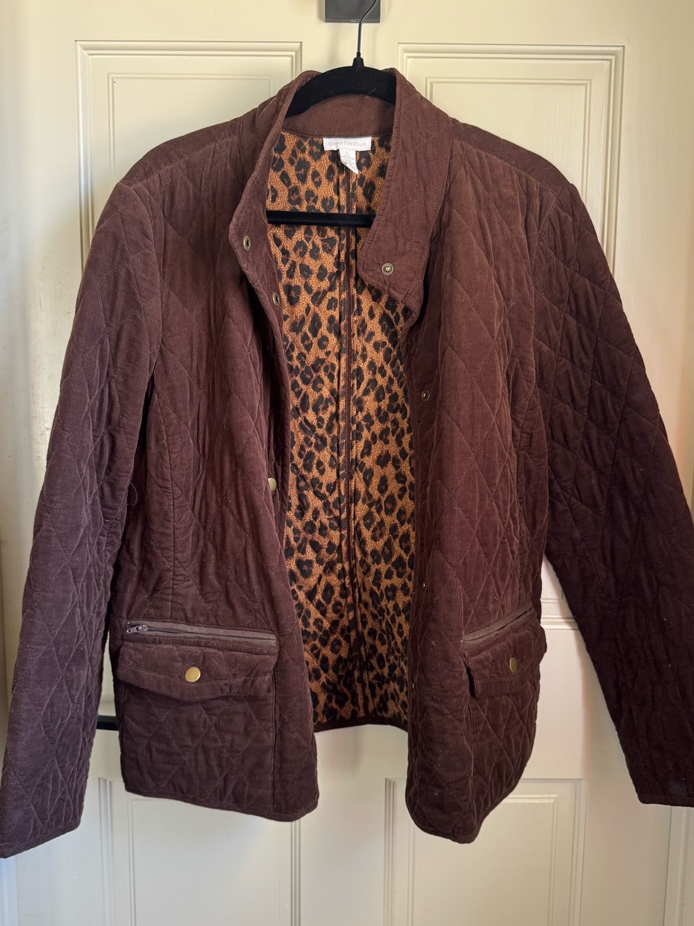 Charter Club Quilted Brown Utility Jacket with Leopard Lining